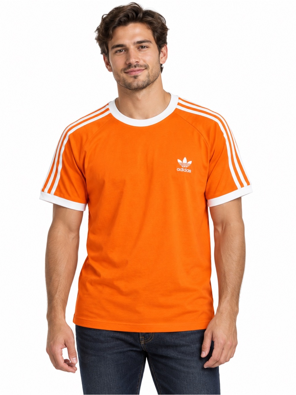 adidas Orange Short Sleeve Trefoil Ringer Tee with White Stripes
